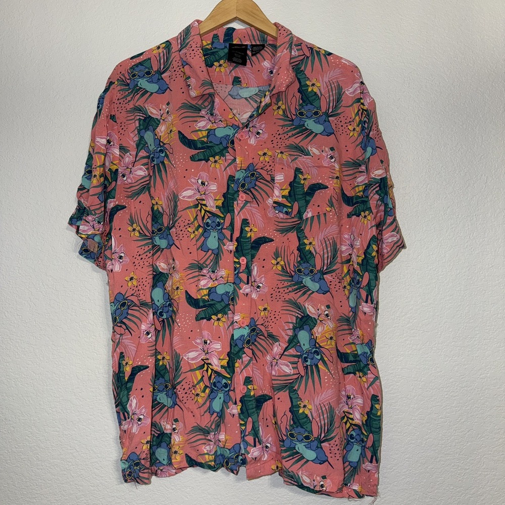 Disney Lilo & Stitch Shirt Men 2XL Stitch Button Down Rayon Hawaiian